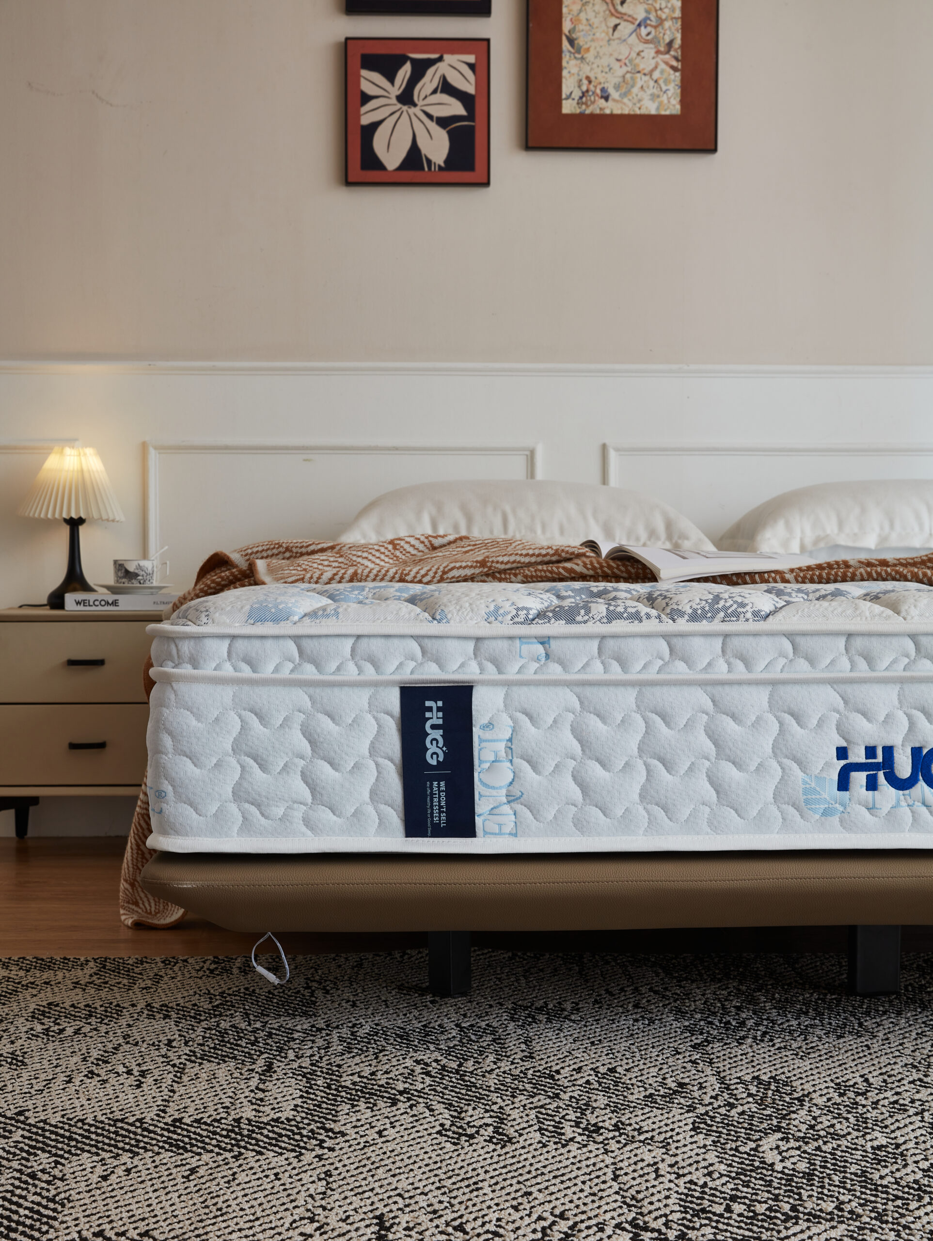 Hugg Sleep Biocrystal® Mattress | The Wooden Colour UAE Modern bedroom interior featuring Hugg Sleep Natural Biocrystal® mattress – handcrafted furniture UAE